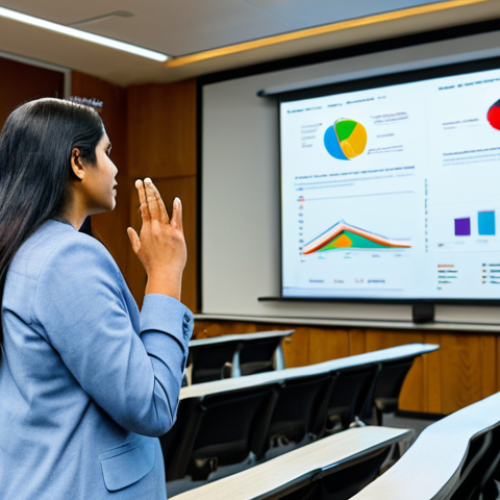 A professional Indian female environmental educator, dressed in a modest business casual outfit, stands at the front of a modern, well-lit lecture hall. She is gesturing expressively while engaging a diverse, attentive audience of adults and young adults. Behind her, a large screen displays a vibrant, simplified infographic about sustainable practices. The atmosphere is warm and inviting. professional photography, high resolution, realistic, perfect anatomy, correct proportions, natural pose, well-formed hands, proper finger count, natural body proportions, safe for work, appropriate content, fully clothed, professional dress.