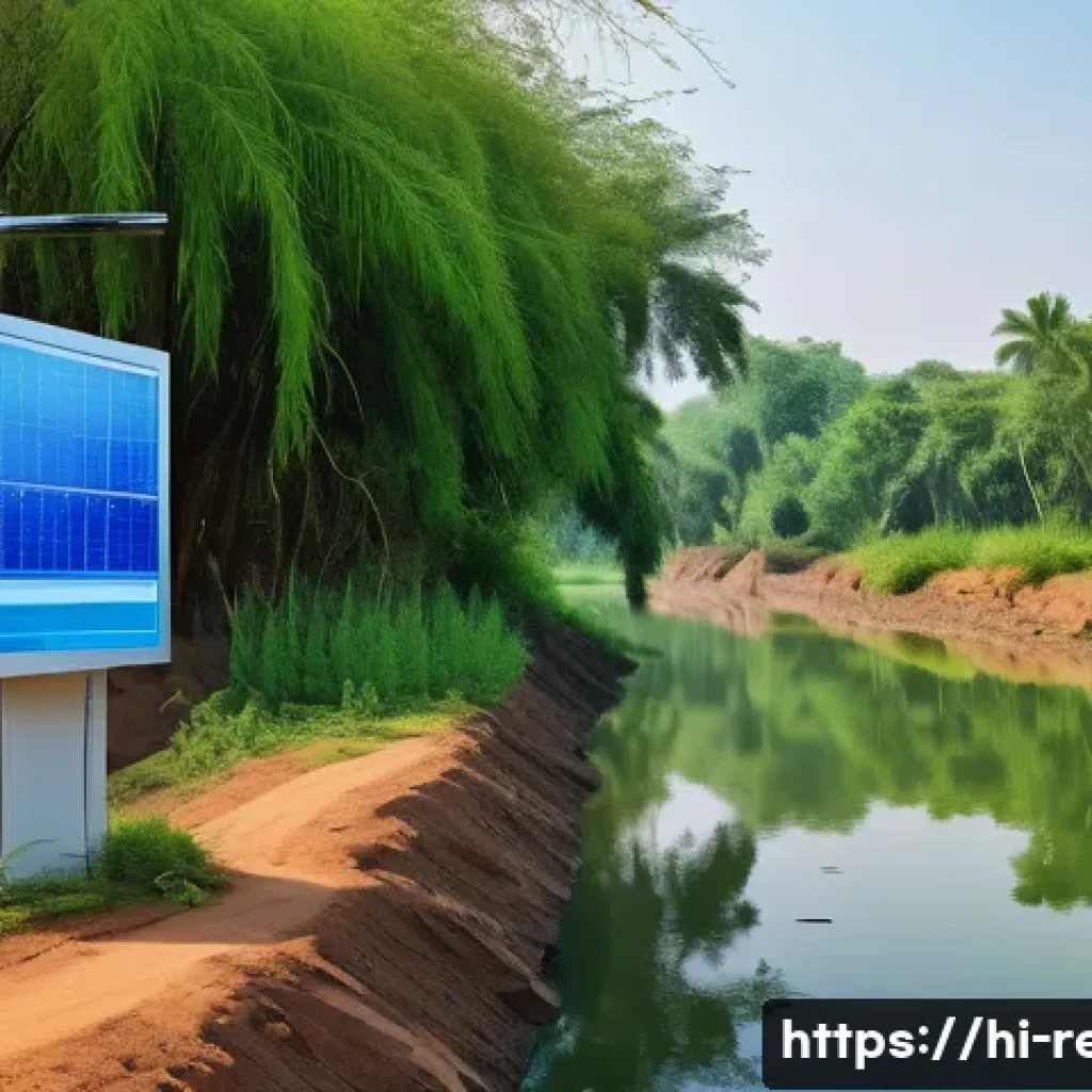 생태환경 모니터링 시스템 구축하기 - A detailed scene of an advanced environmental monitoring station by a riverbank in rural India, feat...
