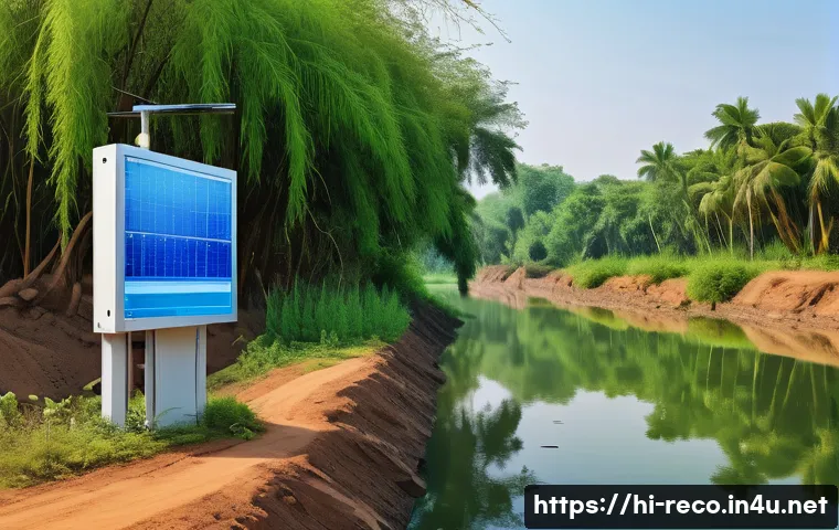 생태환경 모니터링 시스템 구축하기 - A detailed scene of an advanced environmental monitoring station by a riverbank in rural India, feat...