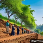 Home 19 생태계 복원 프로젝트 사례 - A vibrant reforestation scene in a rural Indian village, showing diverse local community members pla...