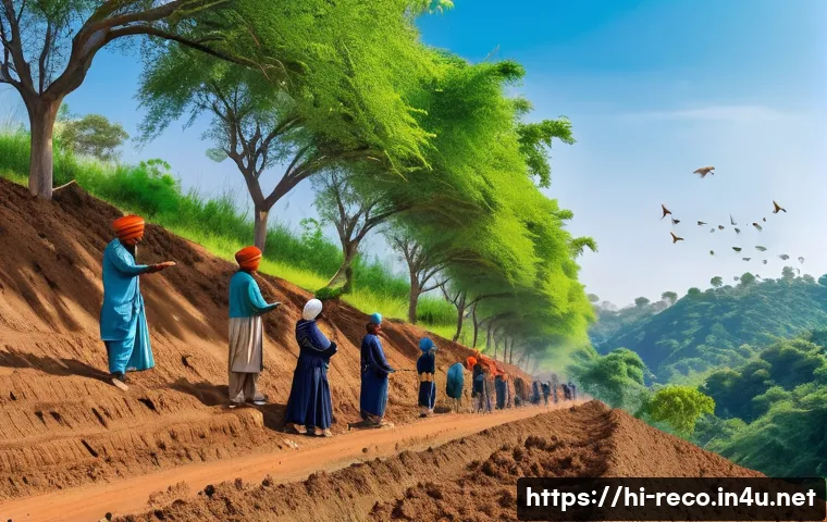 생태계 복원 프로젝트 사례 - A vibrant reforestation scene in a rural Indian village, showing diverse local community members pla...