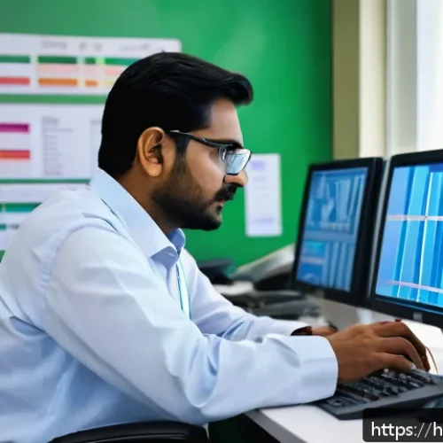 Home 30 환경 직무에서의 자기계발 방법 - A detailed scene of an Indian environmental scientist analyzing water quality data on multiple compu...