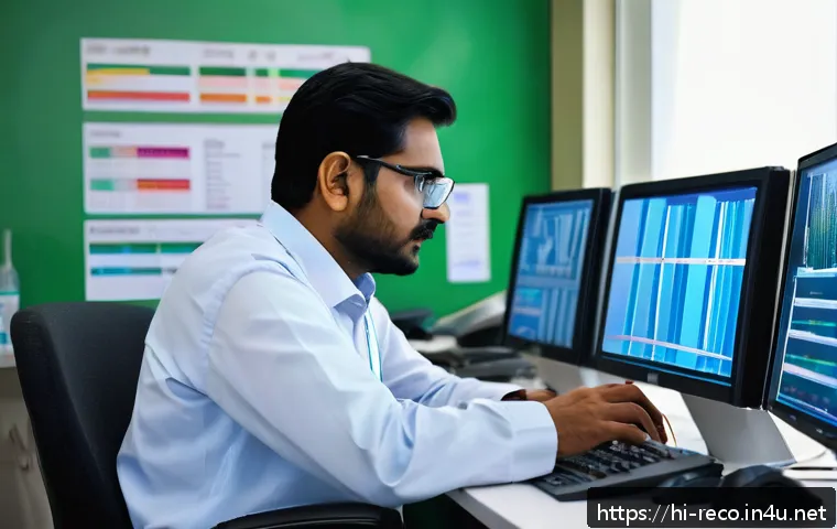환경 직무에서의 자기계발 방법 - A detailed scene of an Indian environmental scientist analyzing water quality data on multiple compu...