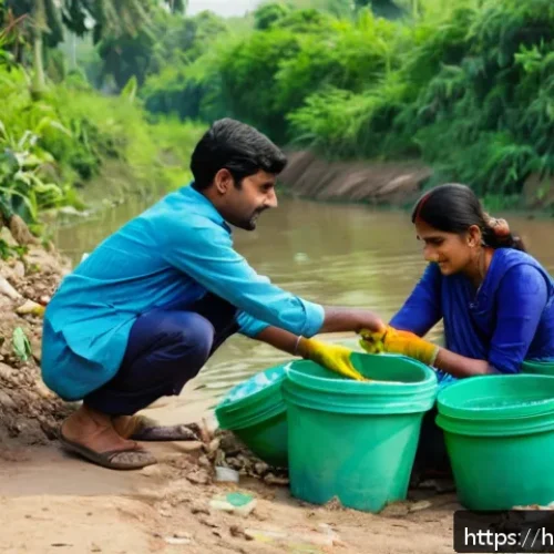 Home 17 환경 보전 프로젝트 리포트 작성법 - A detailed scene of a rural Indian village environmental project focused on waste management: local ...