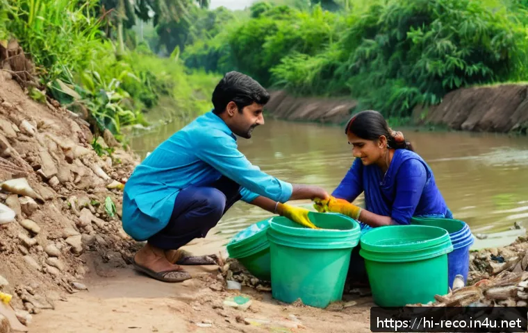 환경 보전 프로젝트 리포트 작성법 - A detailed scene of a rural Indian village environmental project focused on waste management: local ...