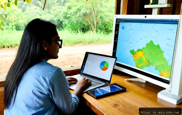 생태환경 연구 데이터 분석 방법 - Photorealistic environmental scientist of Indian appearance analyzing ecosystem research data on a c...